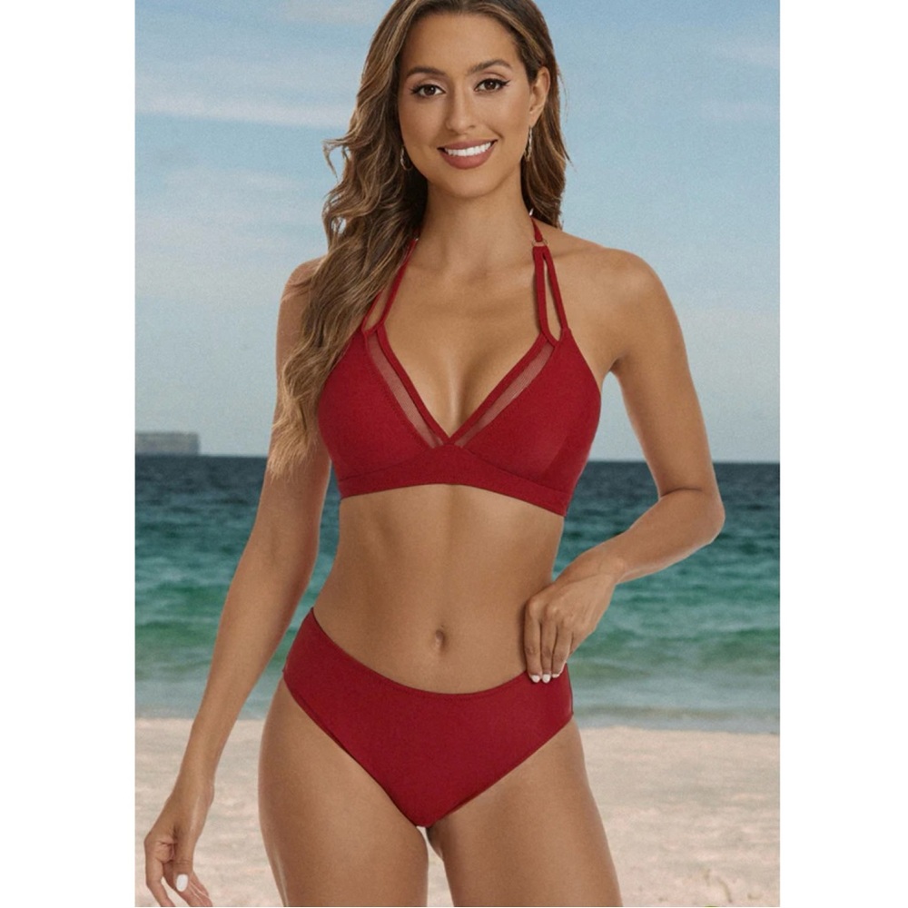 Beachsissi Dark Red Mesh Patchwork Solid Color Bi… - image 1